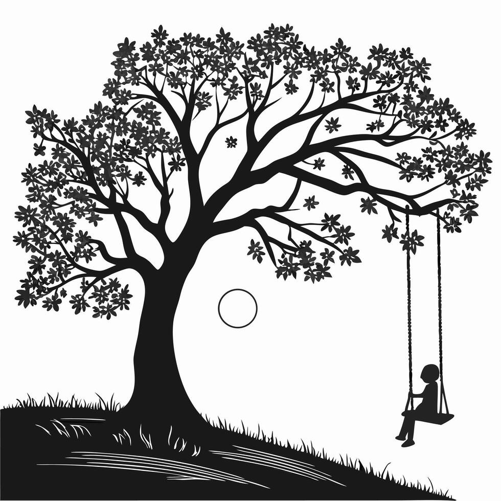 Child Silhouette On Tree Swing vector