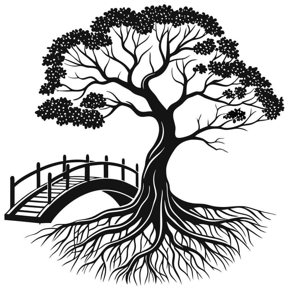 Elegant Black Tree Silhouette With Bridge vector