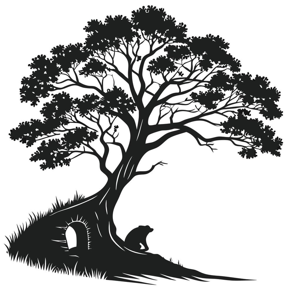 Black Tree Silhouette With Bear vector