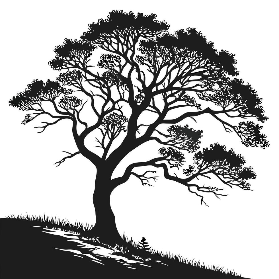 Black Tree Silhouette On A Hillside vector