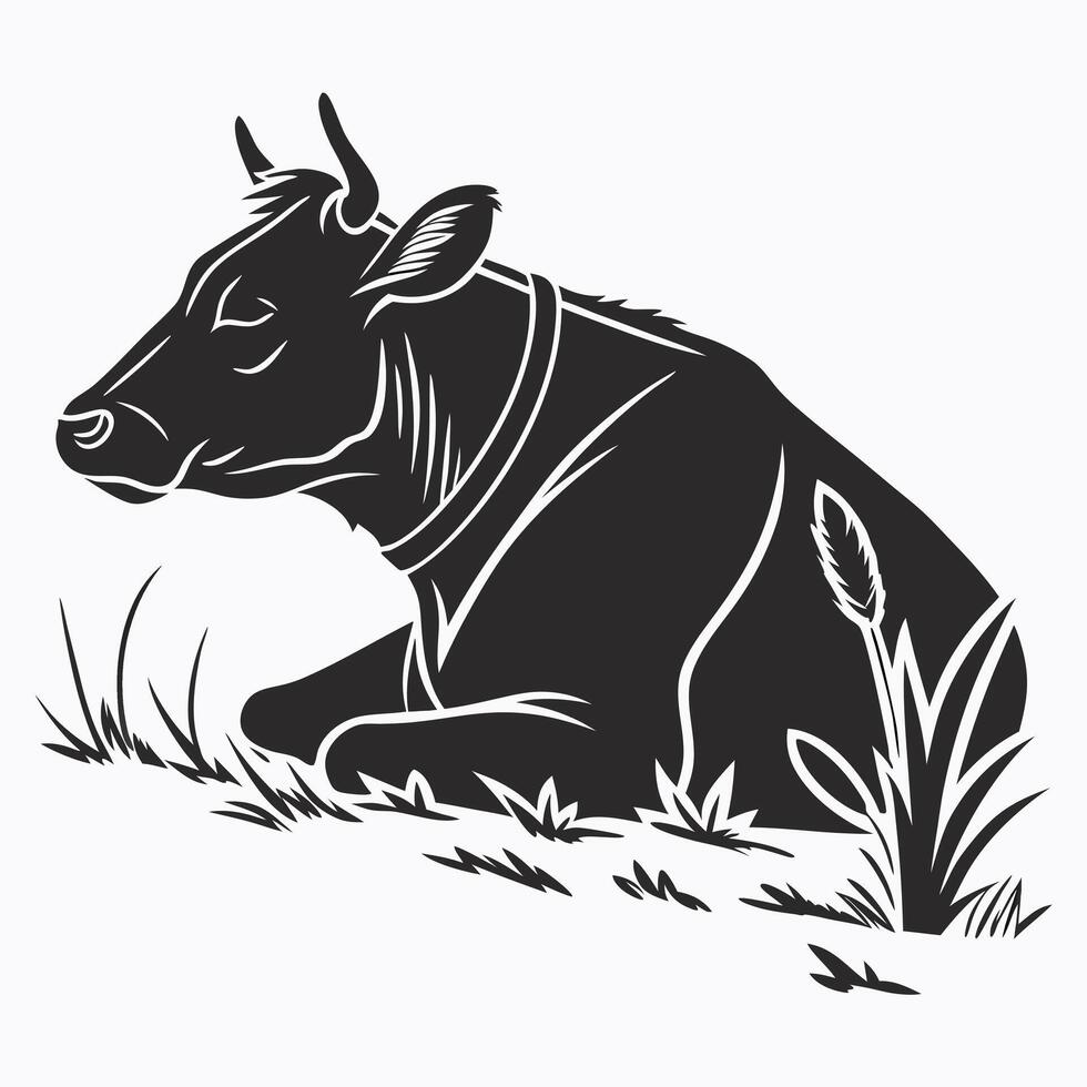 Cow Resting On Grass Silhouette Graphic vector