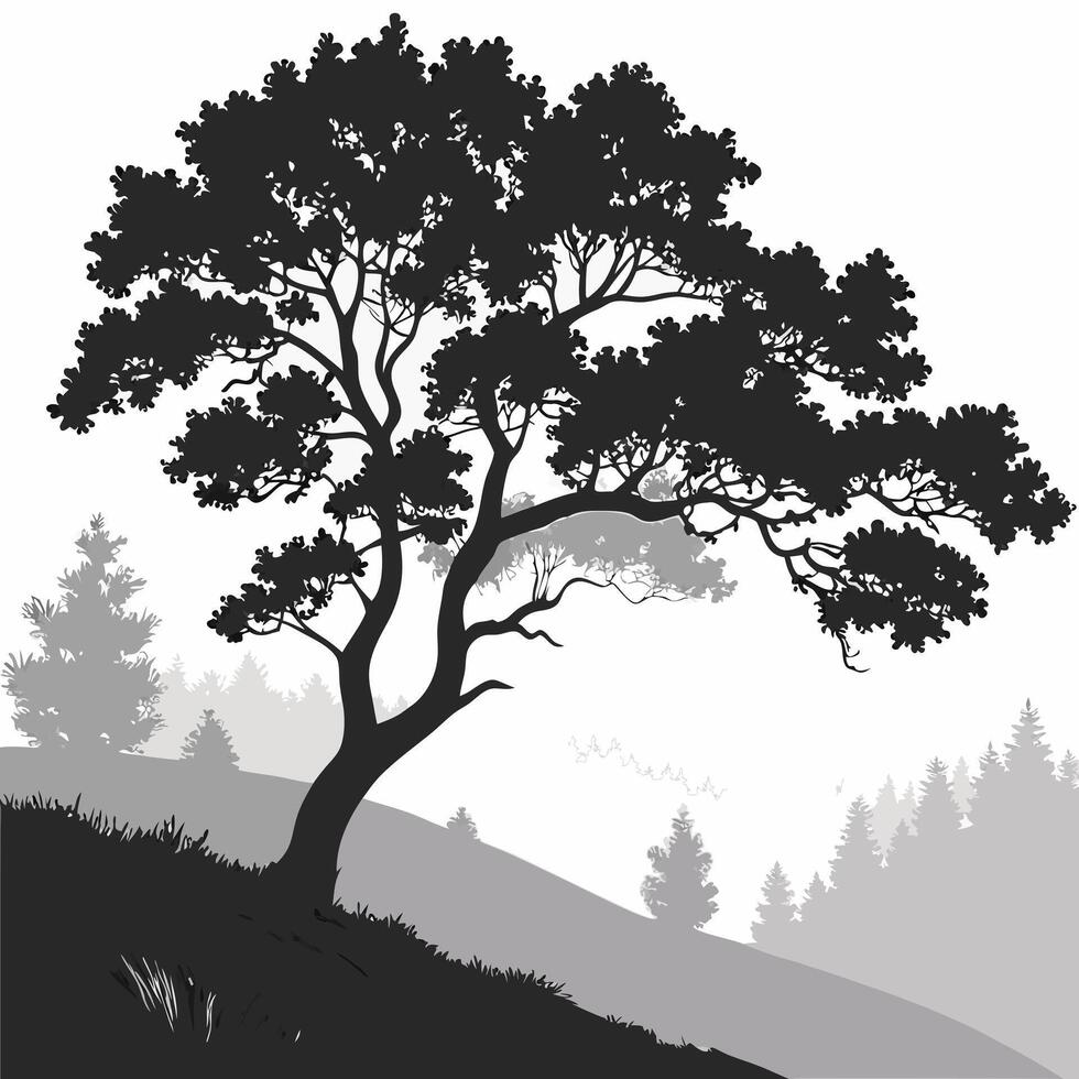 Monochrome Silhouette Tree On Hillside Background vector