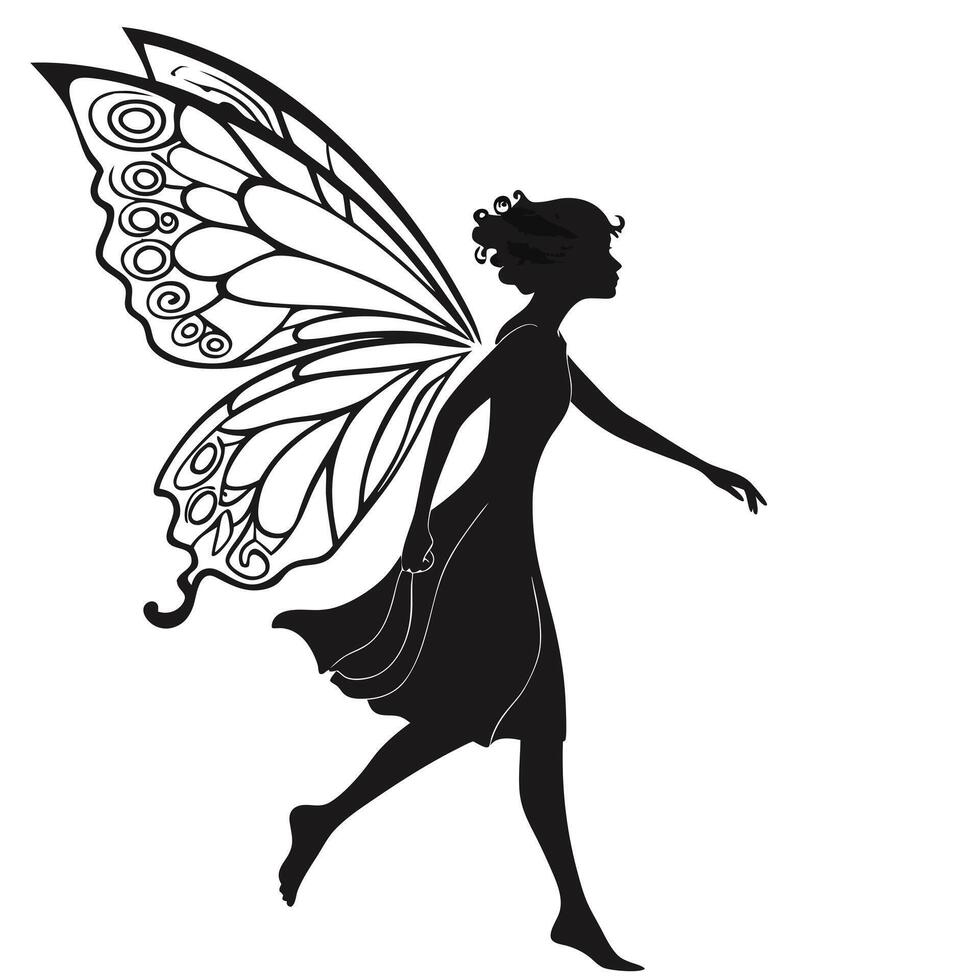 Fairy Silhouette With Ornate Wing Pattern vector