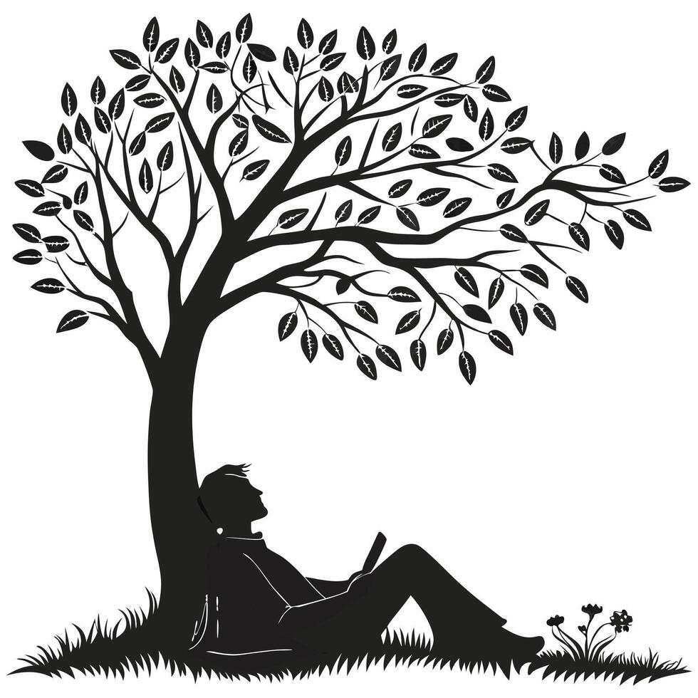 Man Reading Under The Tree Silhouette vector