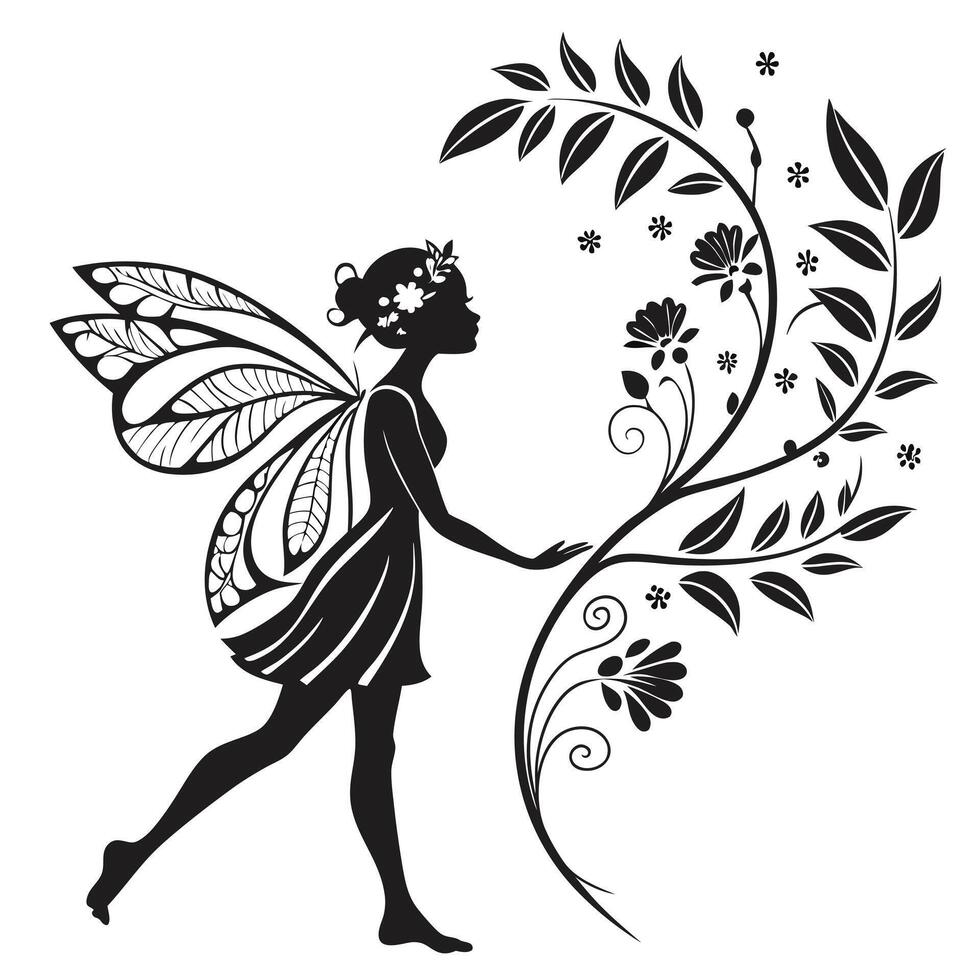 Fairy Silhouette With Floral Branch Design vector