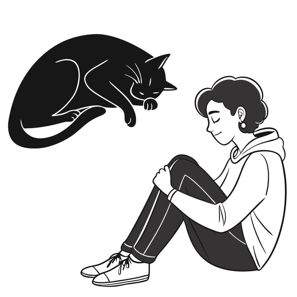 Girl With Cat Monochrome Illustration vector