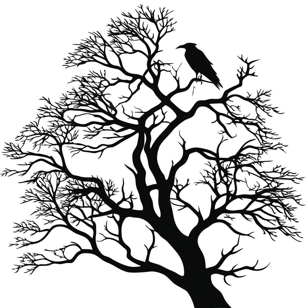 Raven Perched On Winter Tree Silhouette vector