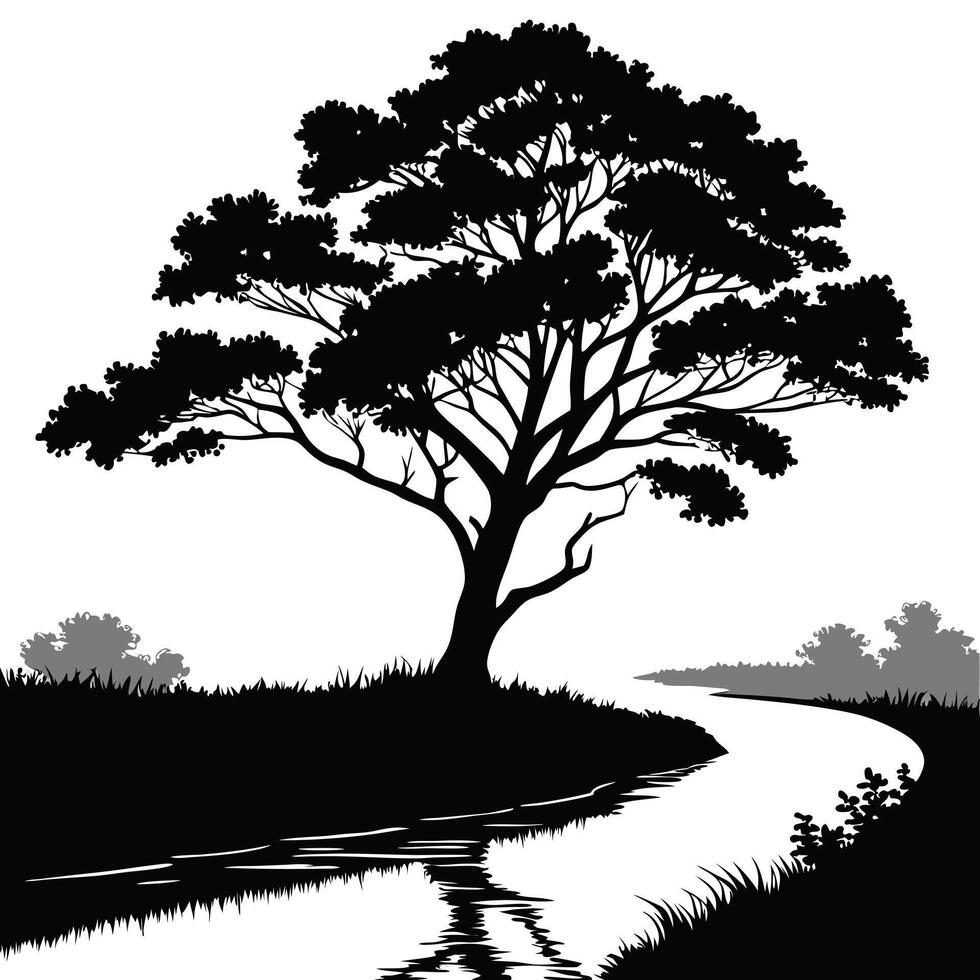 River Landscape With Silhouette Tree vector