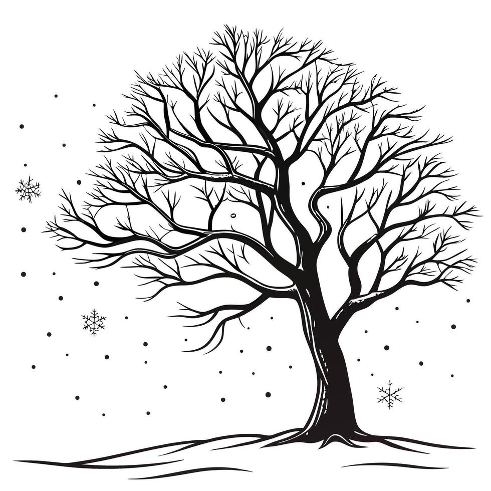 Monochrome Winter Tree With Falling Snow vector