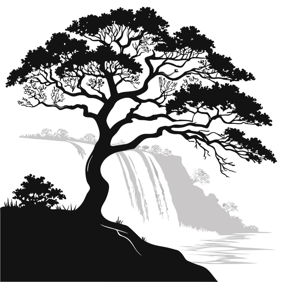 Serene Waterfall Landscape With Silhouetted Tree vector