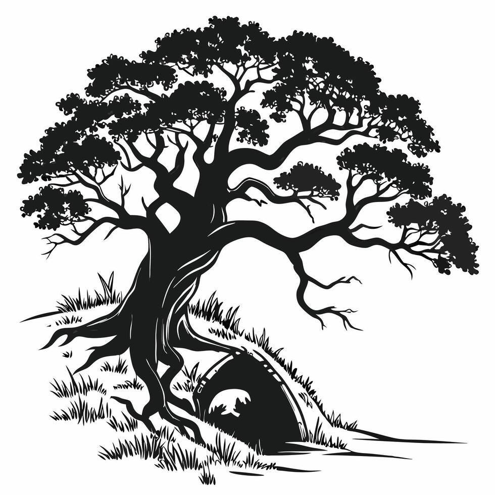Old Tree Above A Dark Cave vector