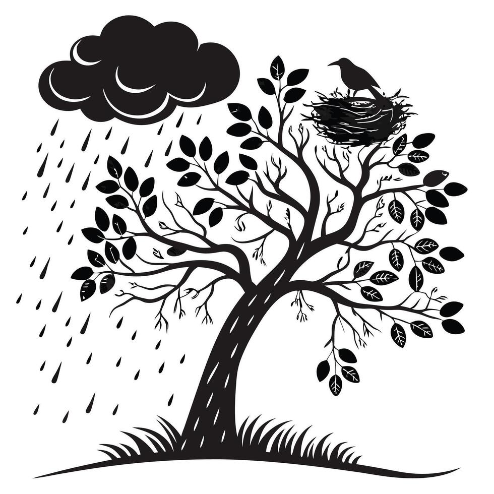 Rainy Day Tree With Bird Nest vector