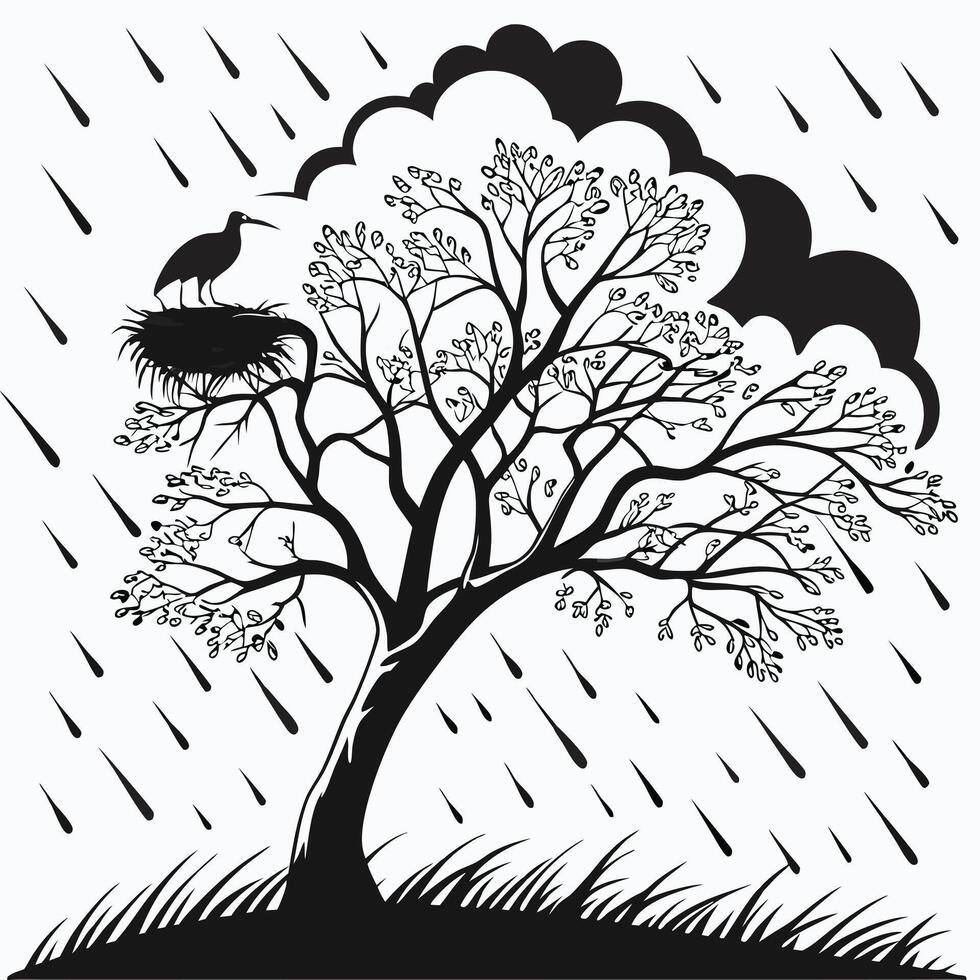 Rainy Day Bird Nest On Tree vector