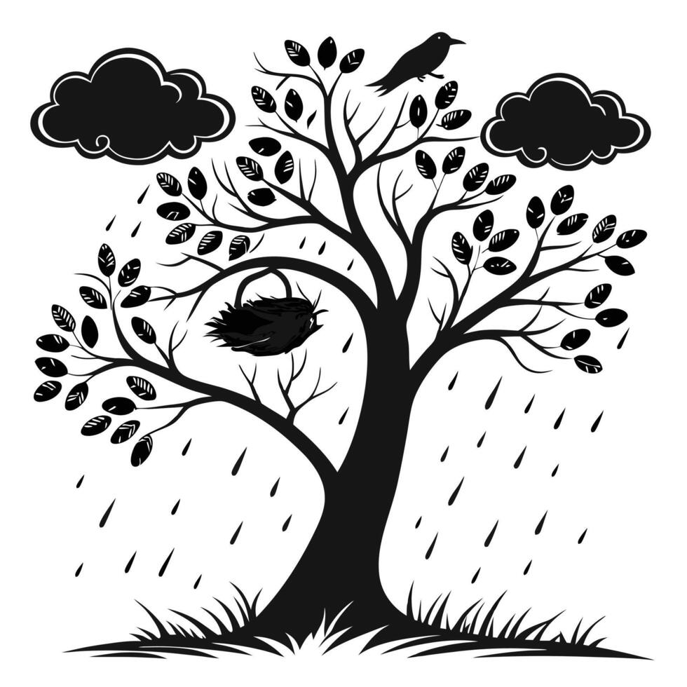 Rainy Tree With Bird And Nest vector