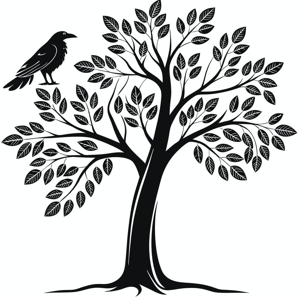 Raven Perched On Tree Silhouette Illustration vector