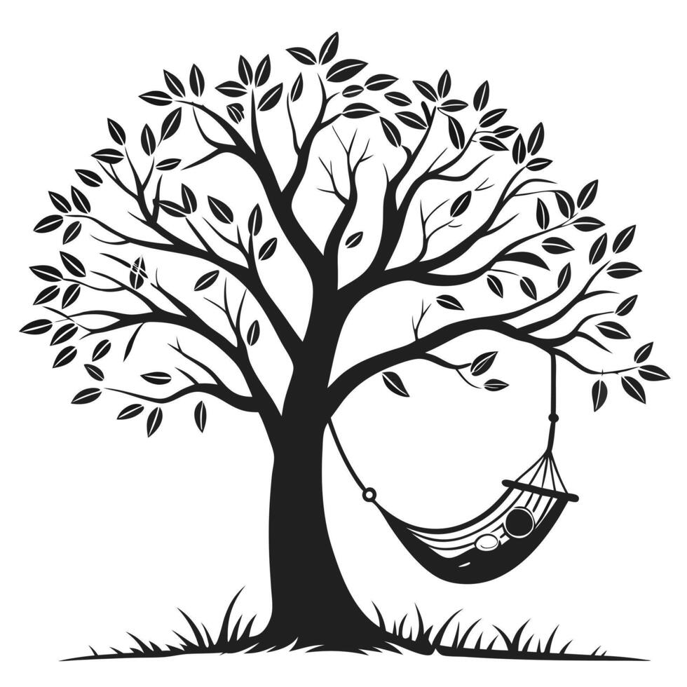 Silhouette Of A Tree With Hammock vector