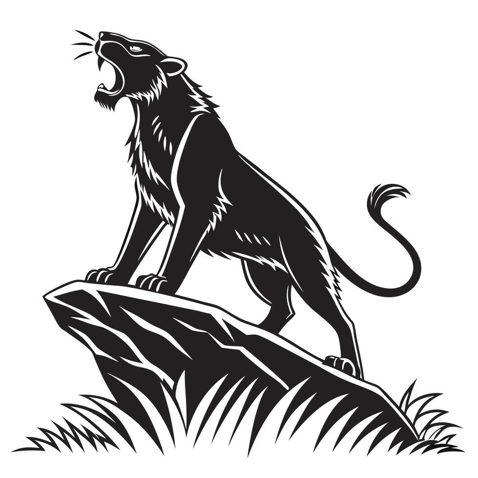 Roaring Panther Standing On Rock Silhouette vector