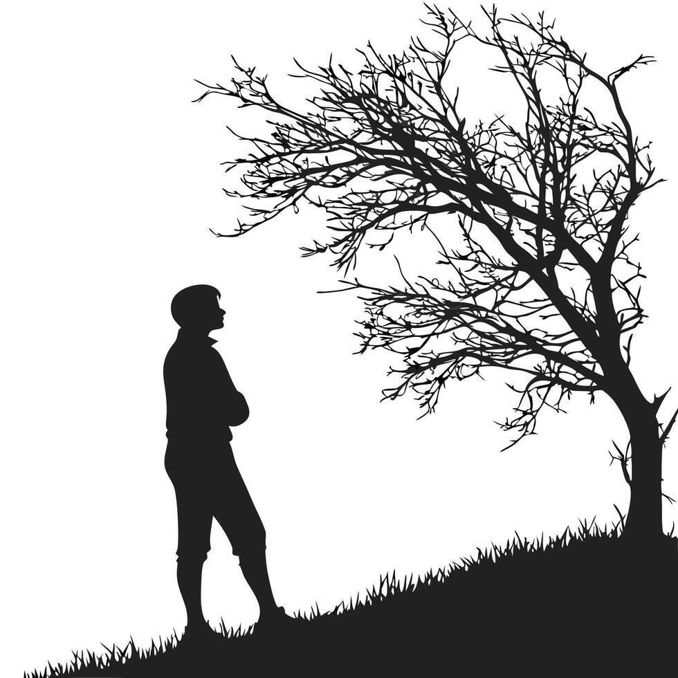 Silhouette Man Standing Near Leafless Tree vector