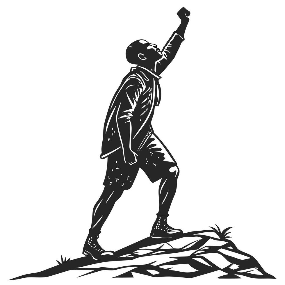 Silhouette Man Stands On Mountain Top vector