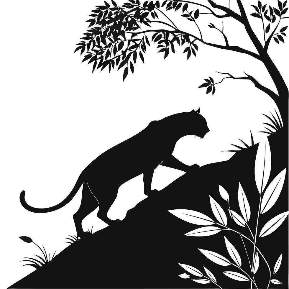Panther Silhouette Climbing Rocky Hill Design vector