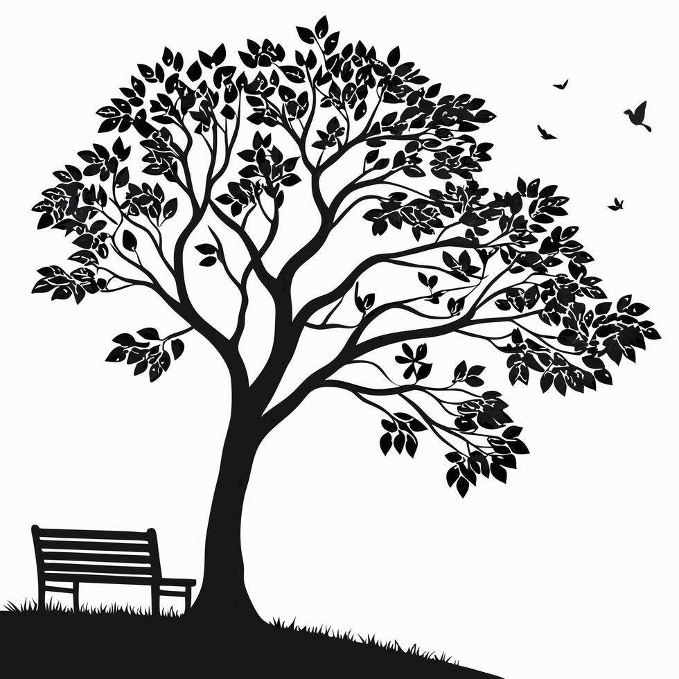 Silhouette Of Tree Bench And Birds vector
