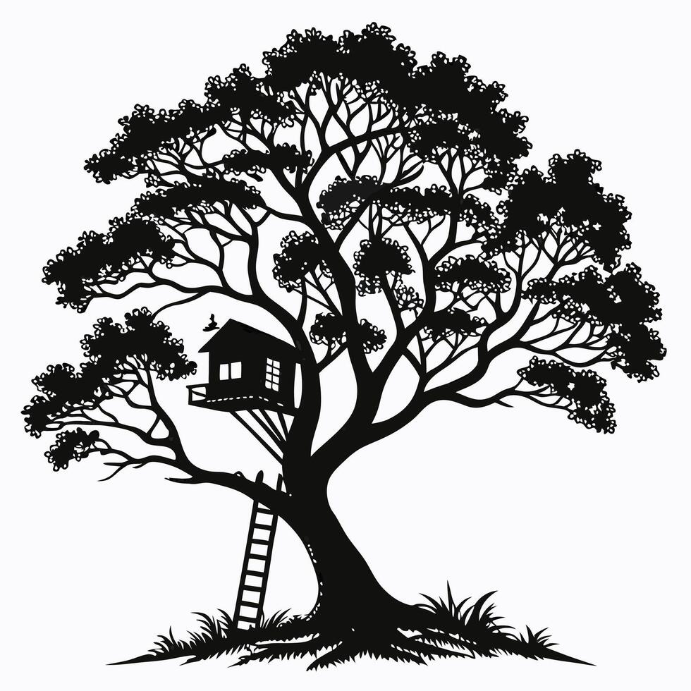 Silhouette Of Treehouse With Ladder vector