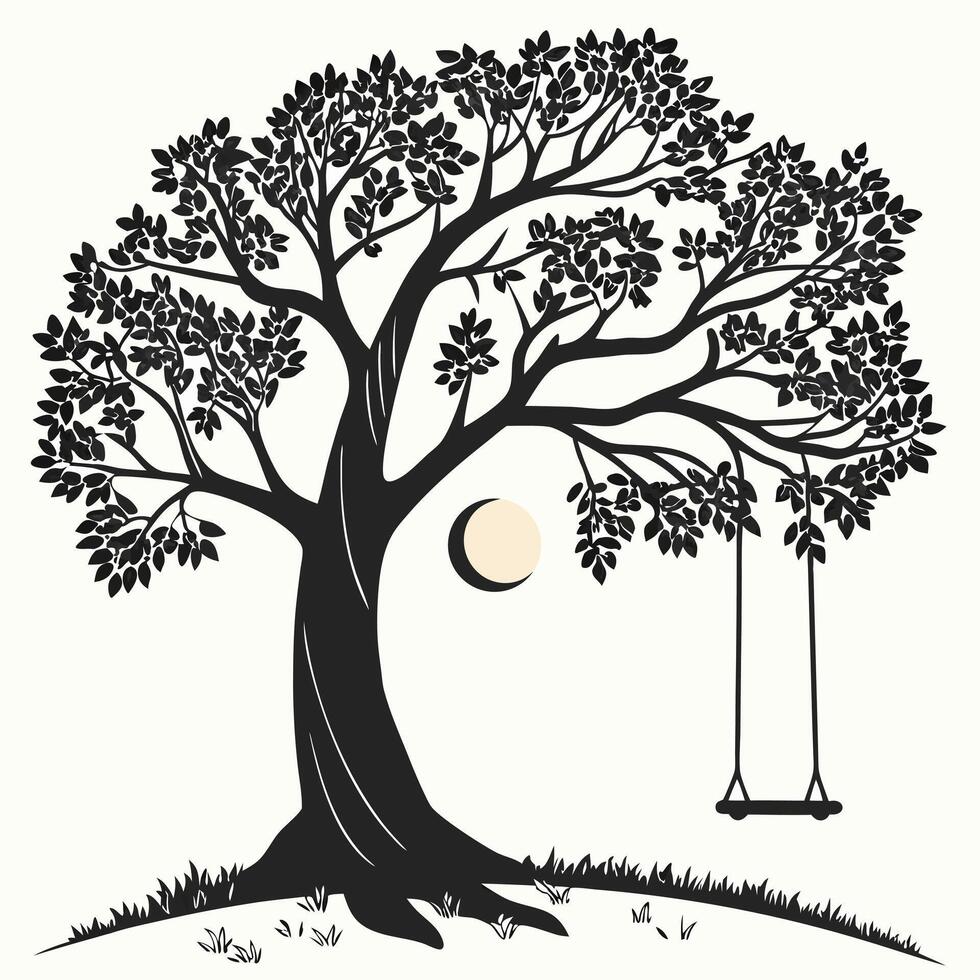 Silhouette Tree With Swing And Moon vector