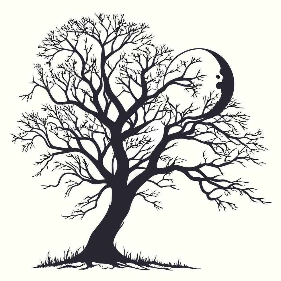 Silhouette Of Tree With Moon Illustration vector