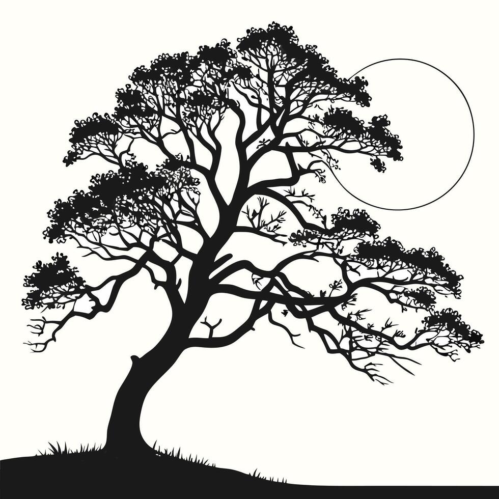 Silhouette Tree And Moon Black Illustration vector