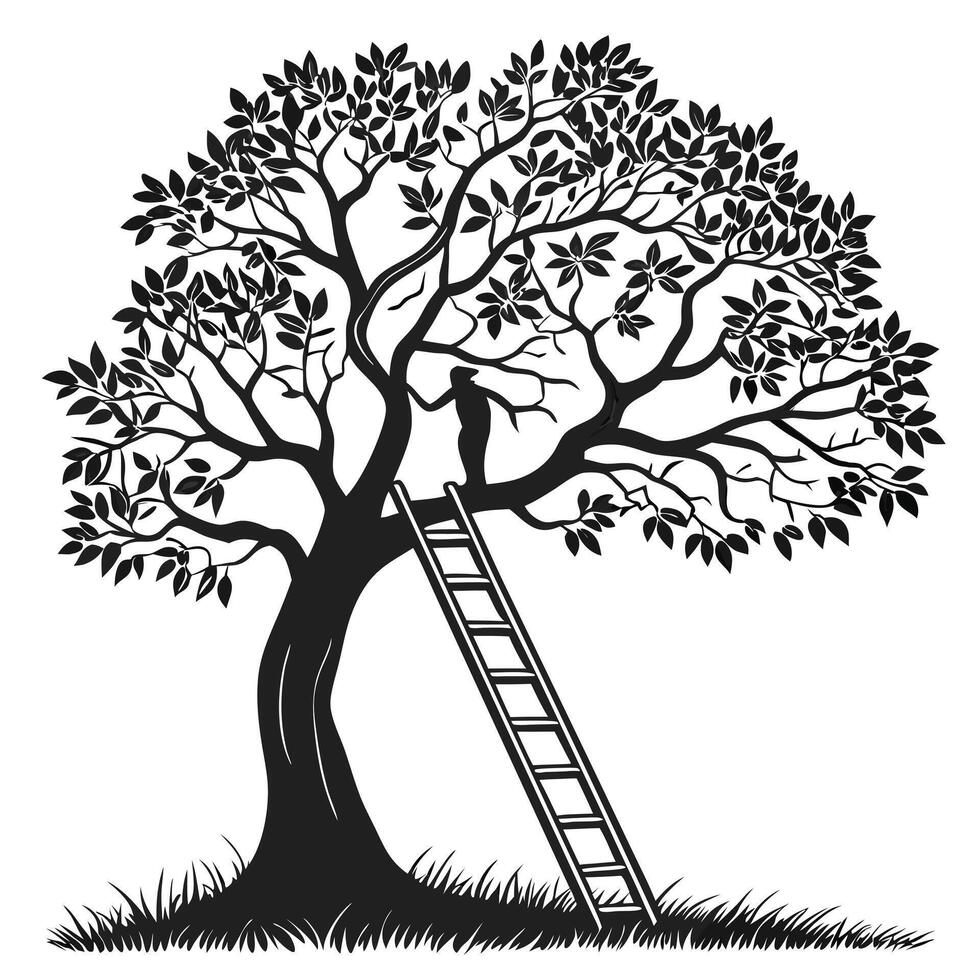 Silhouette Of Person Climbing Tall Tree vector