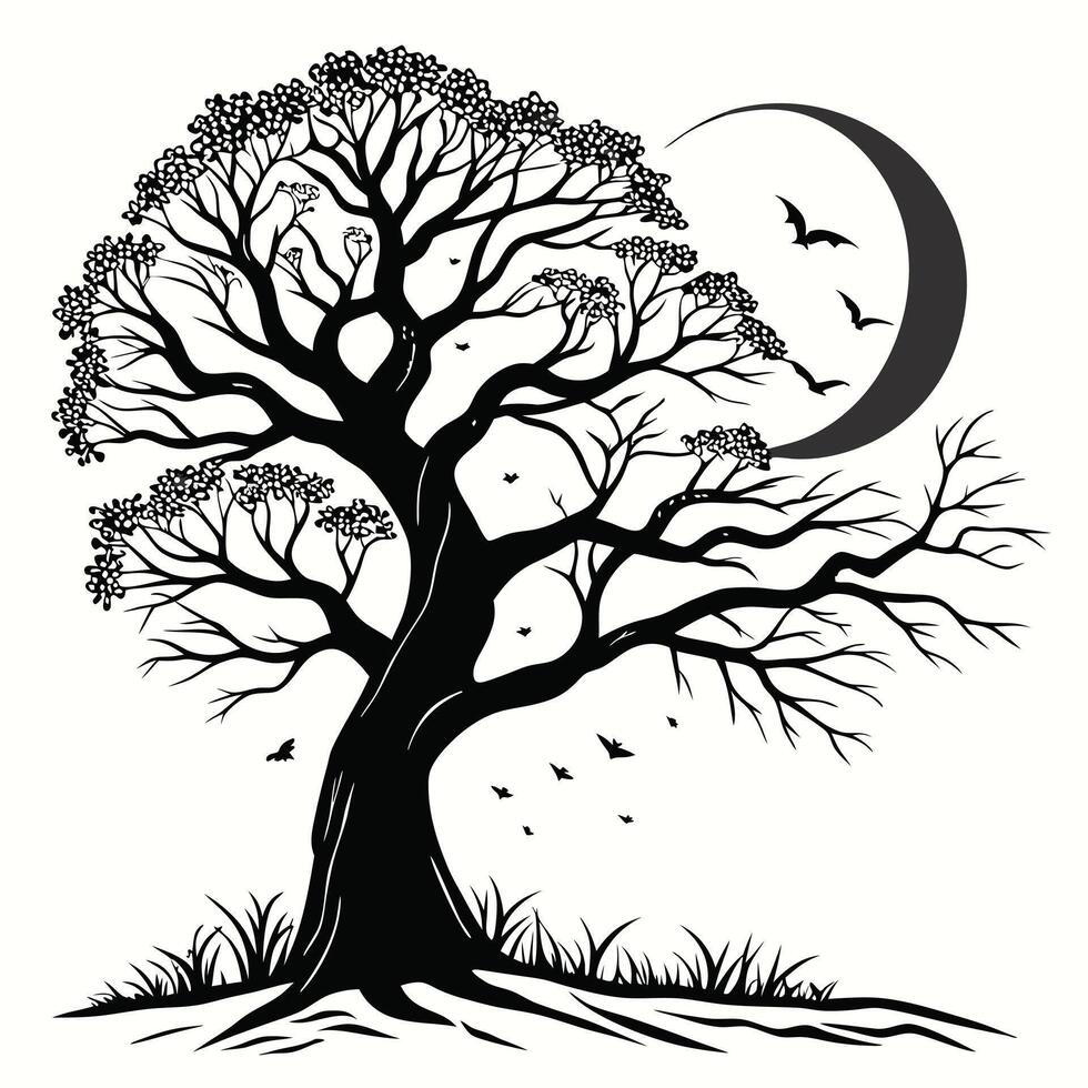 Silhouette Tree Bats And Moon Design vector