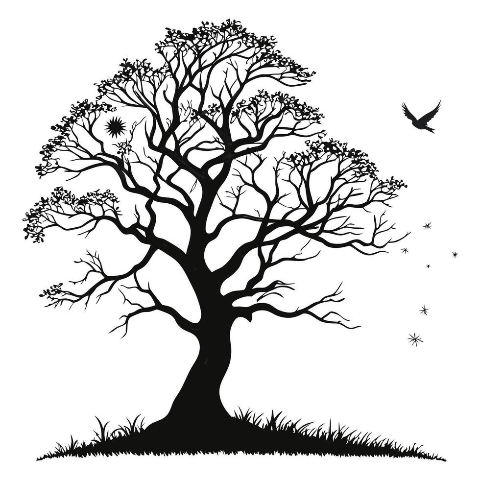 Silhouette Tree With Bird And Stars vector