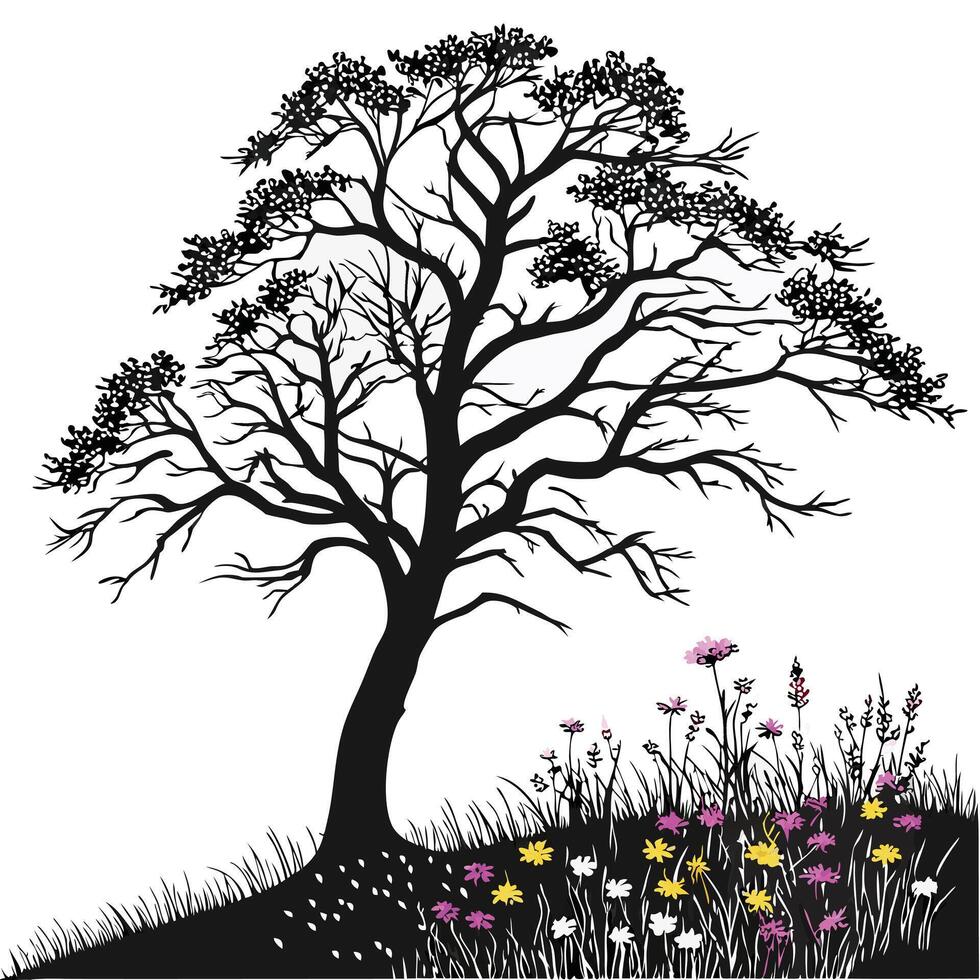 Silhouette Tree And Flowers Image vector