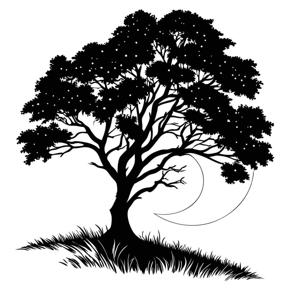 Silhouette Tree With Moon And Grass vector