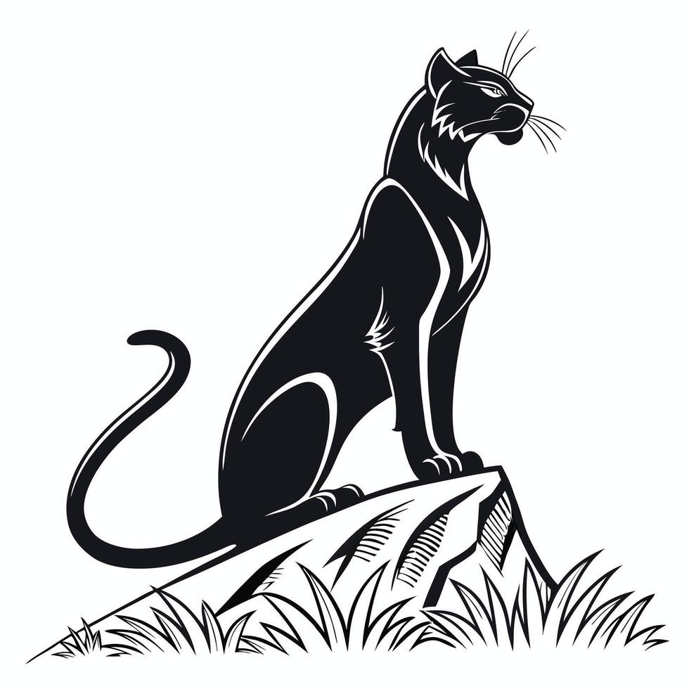 Silhouette Panther Sitting On Mountain Top vector