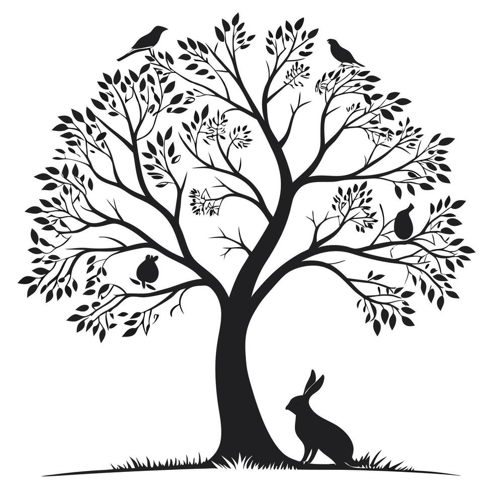 Silhouette Tree With Birds And Rabbit vector