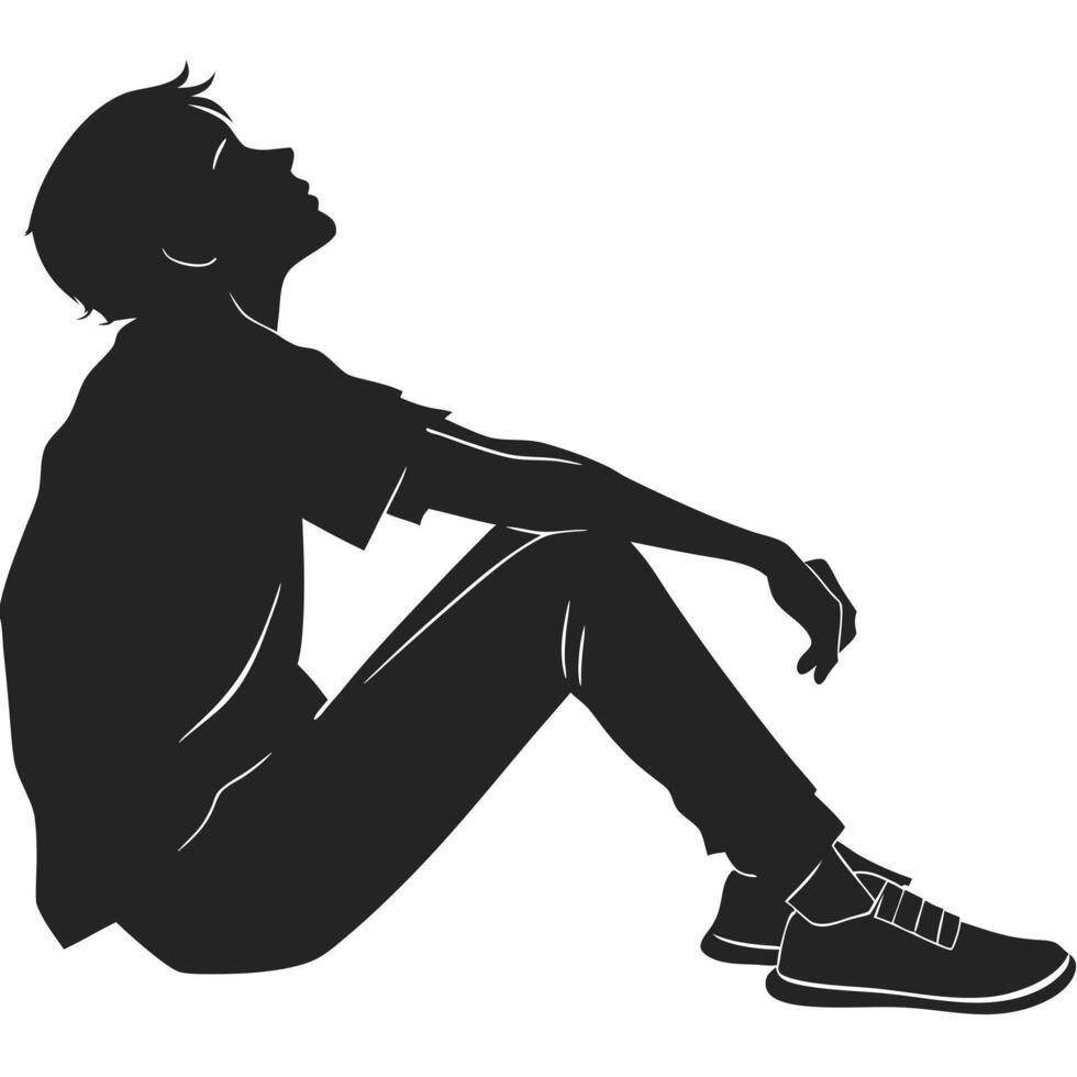 Silhouette Of Pensive Man Sitting On Ground vector
