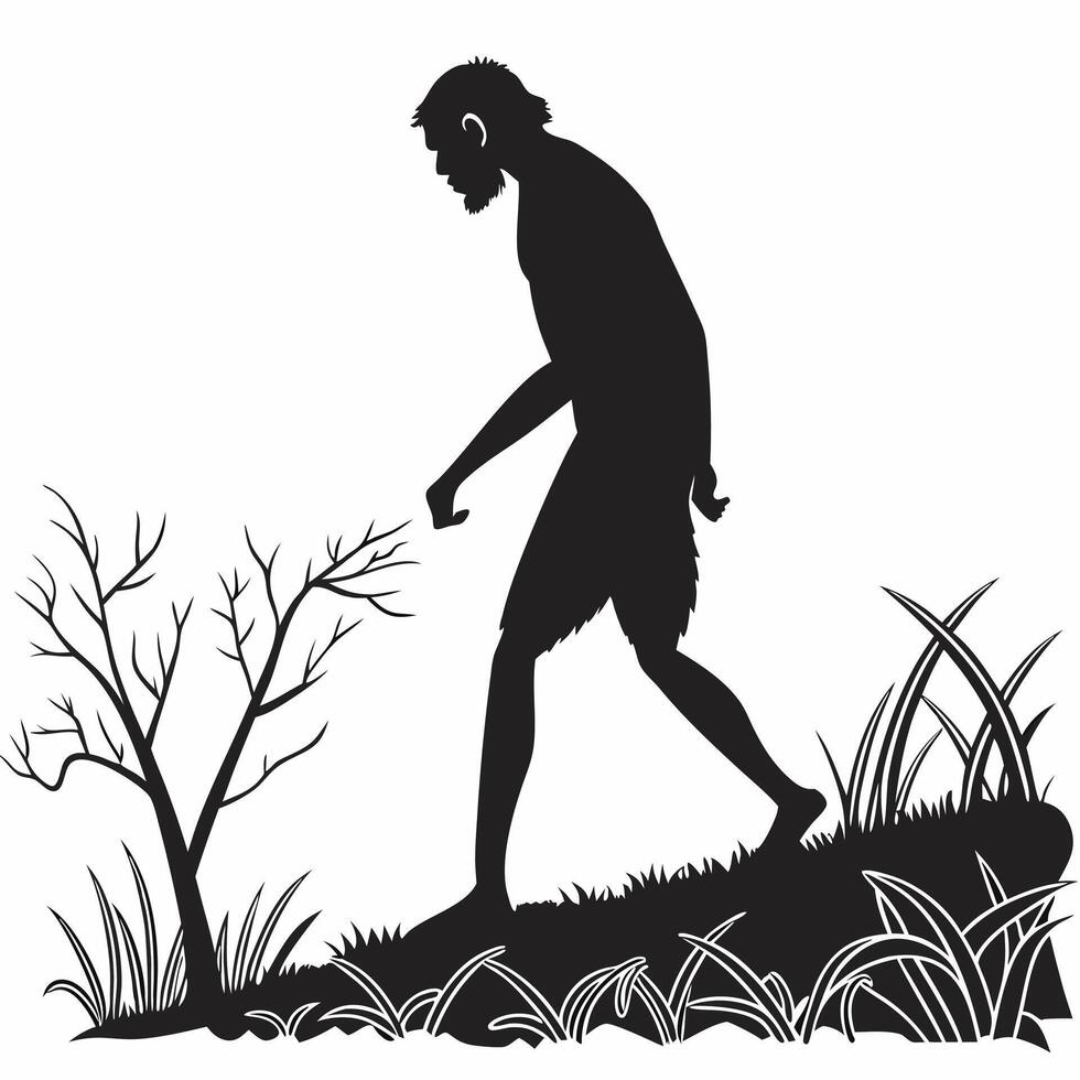 Silhouette Of Neanderthal Walking Through Grass vector