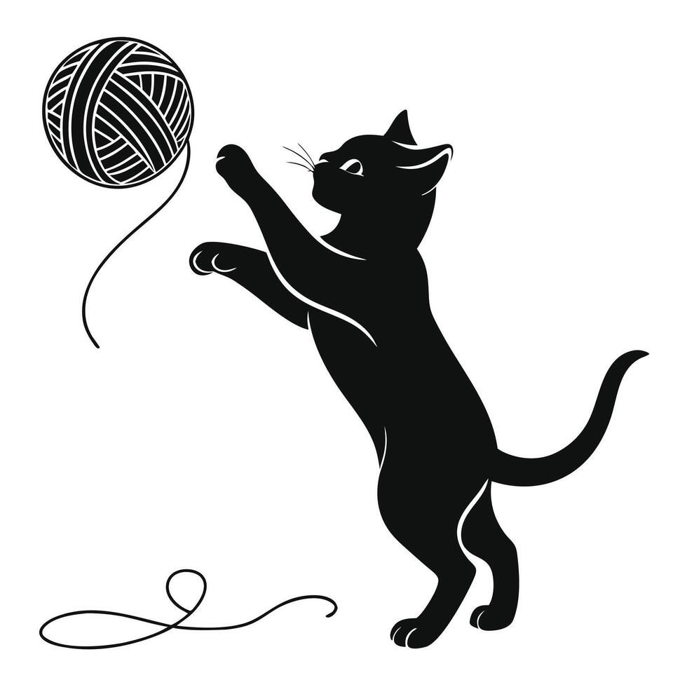 Silhouette Of Cat Playing With Yarn vector