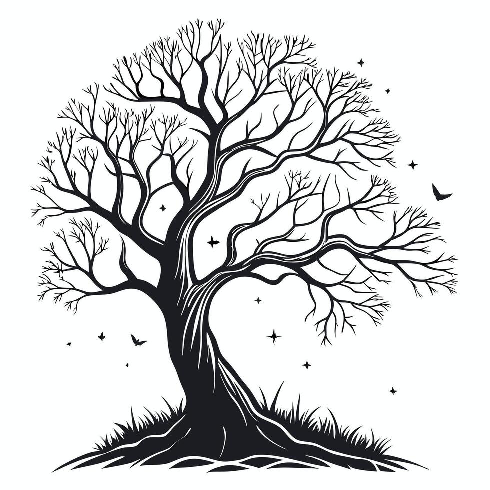 Silhouette Tree Graphic With Birds vector