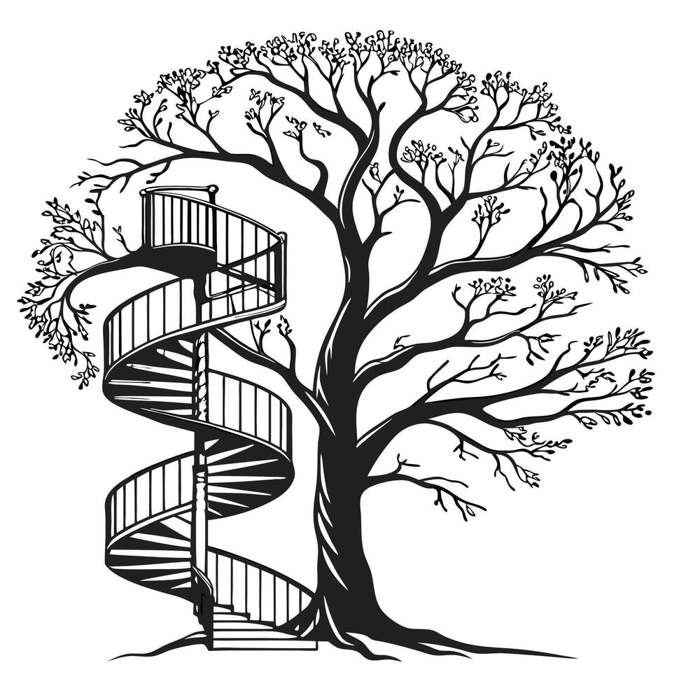 Tree With Spiral Staircase Silhouette Art vector