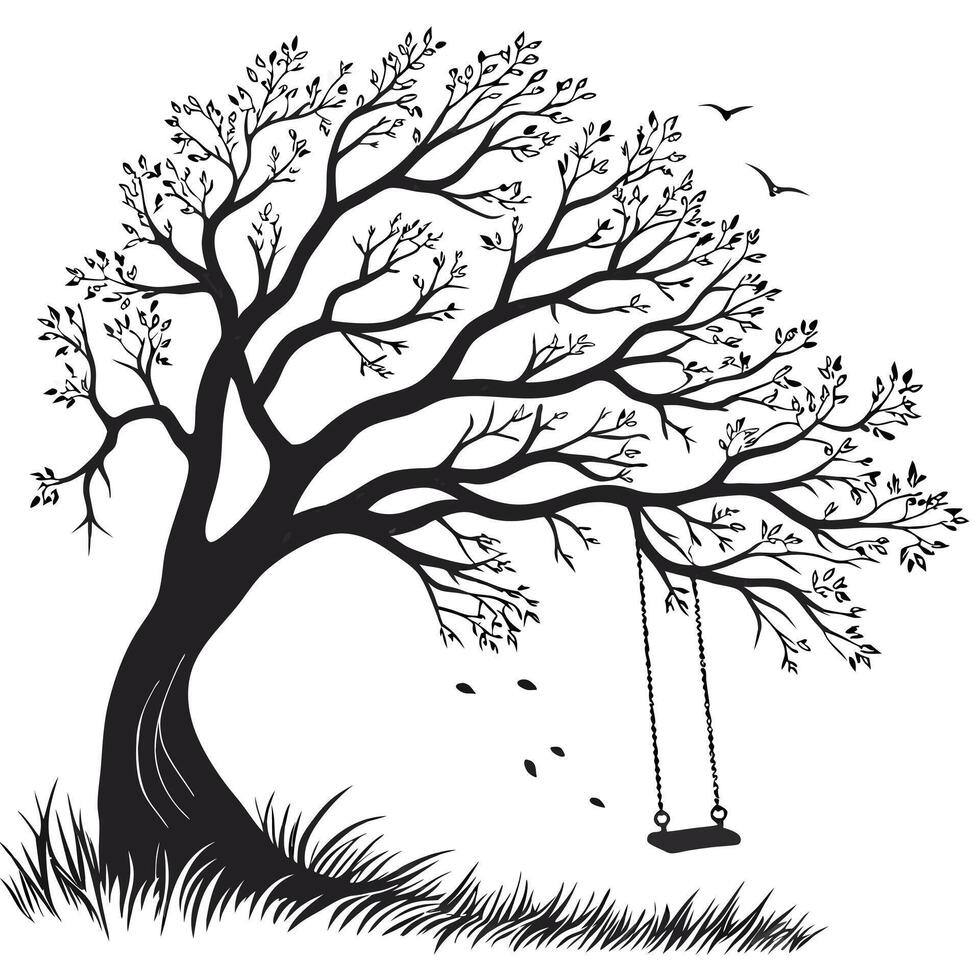 Tree With Swing And Birds Silhouette vector