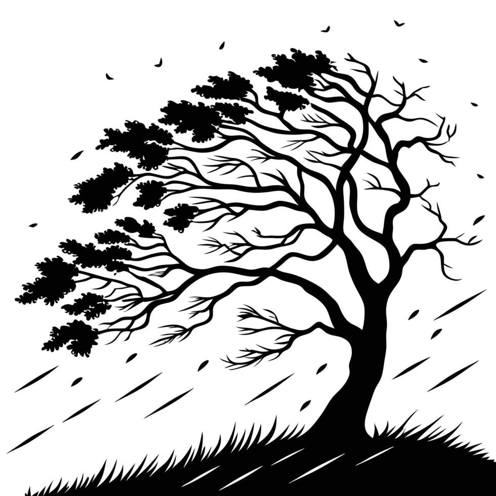 Wind Bending Tree Black And White vector