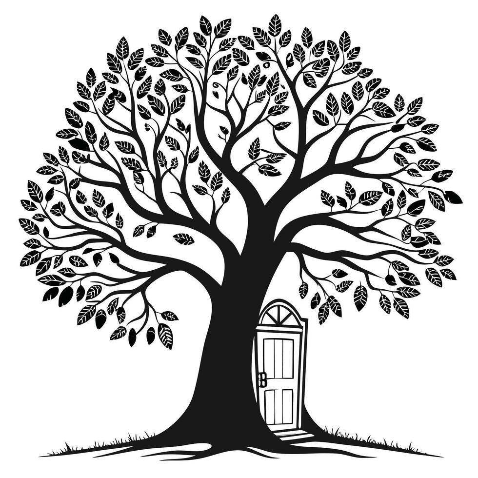 Whimsical Black And White Tree Door vector