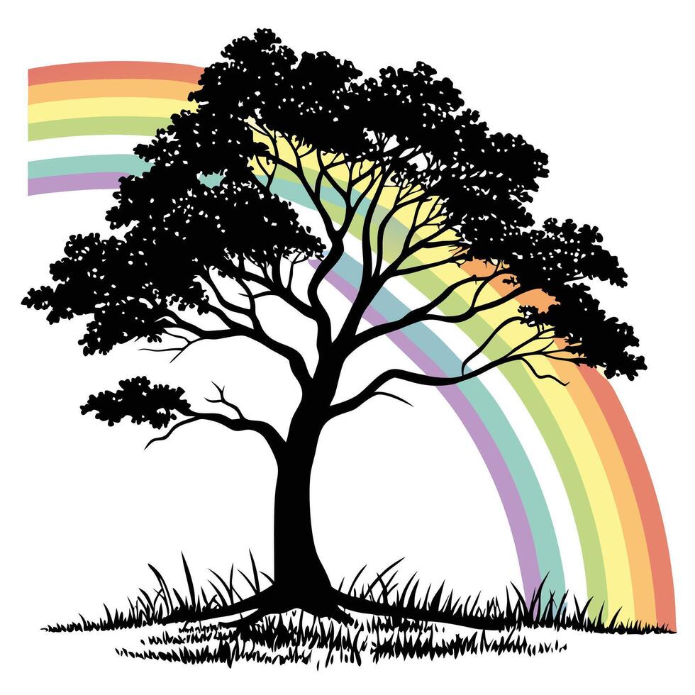 Tree Silhouette With Rainbow Background vector
