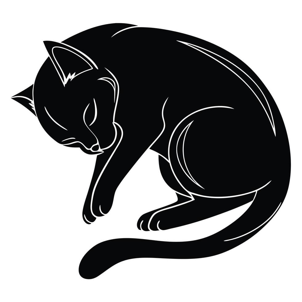 Sleeping Cat Black And White Silhouette vector
