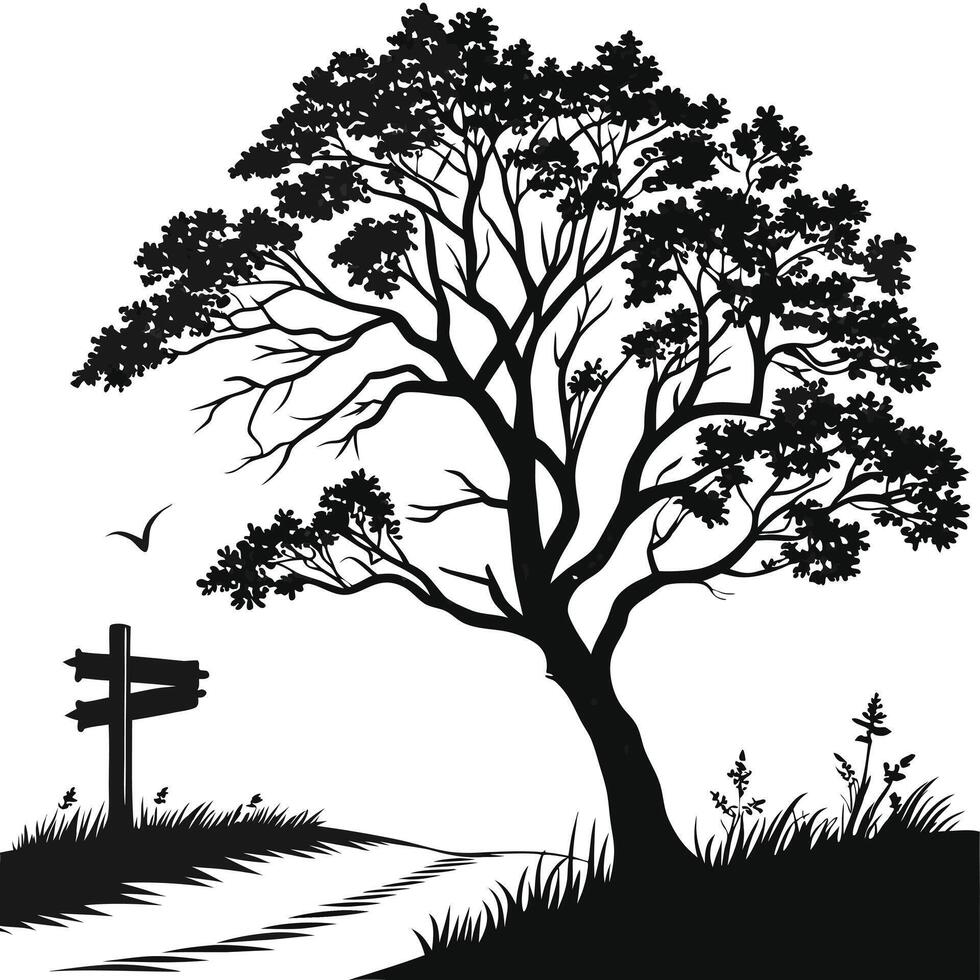 Tree And Signpost In Silhouette Landscape vector