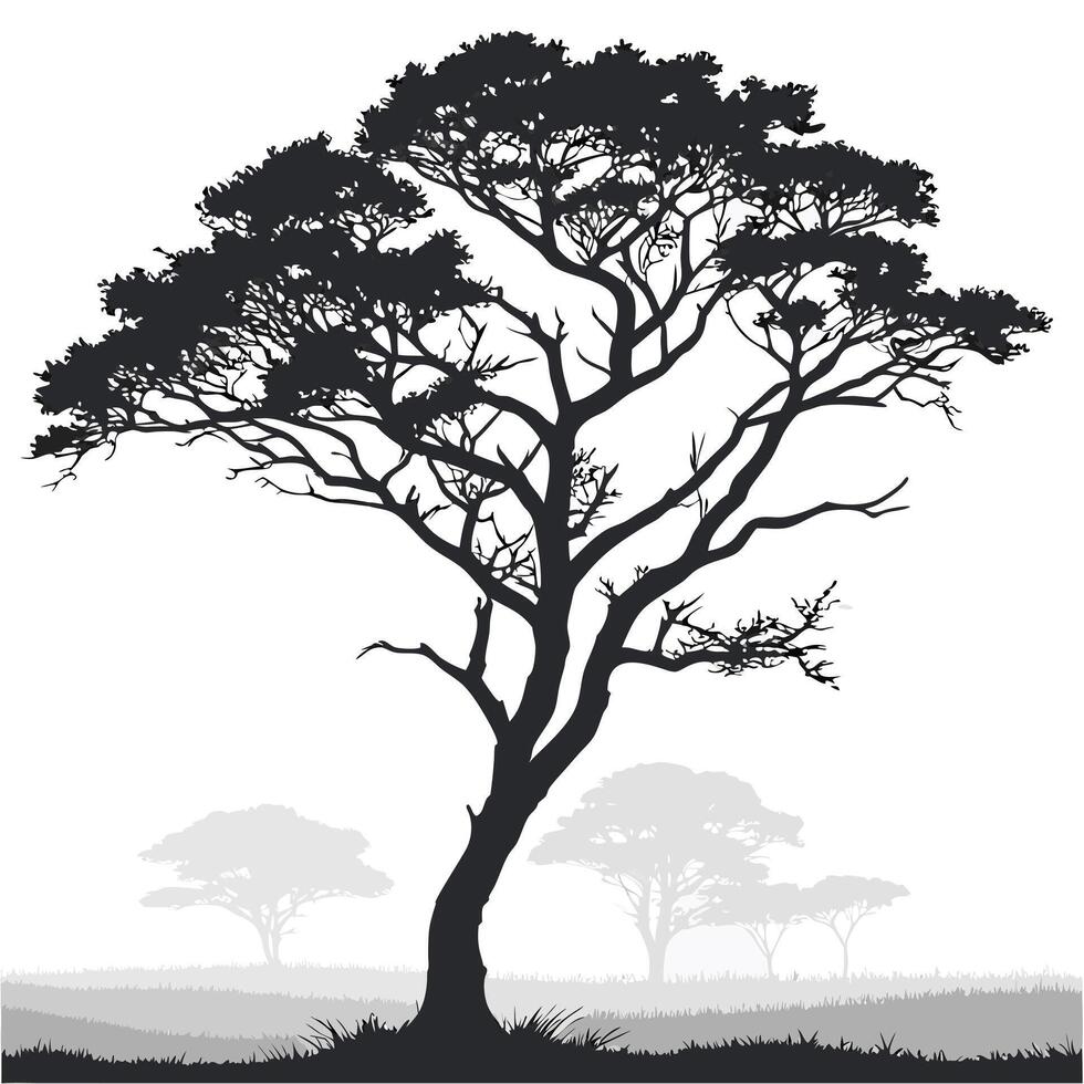 Tree Silhouette On Savannah Landscape vector