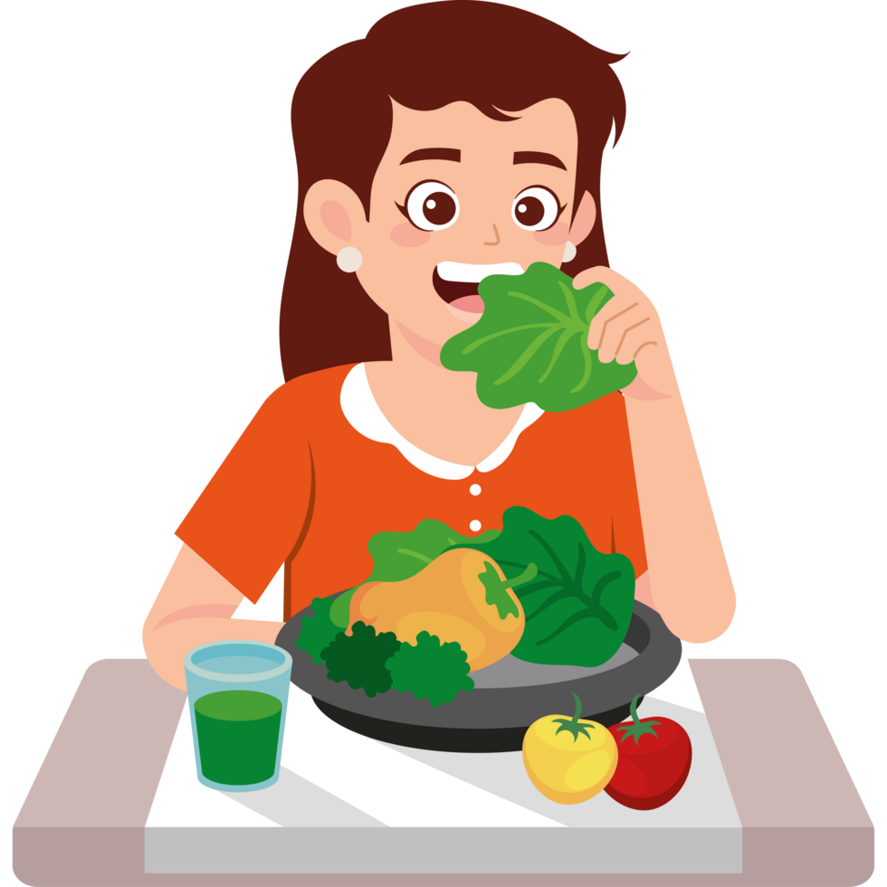 young woman eating vegan food png