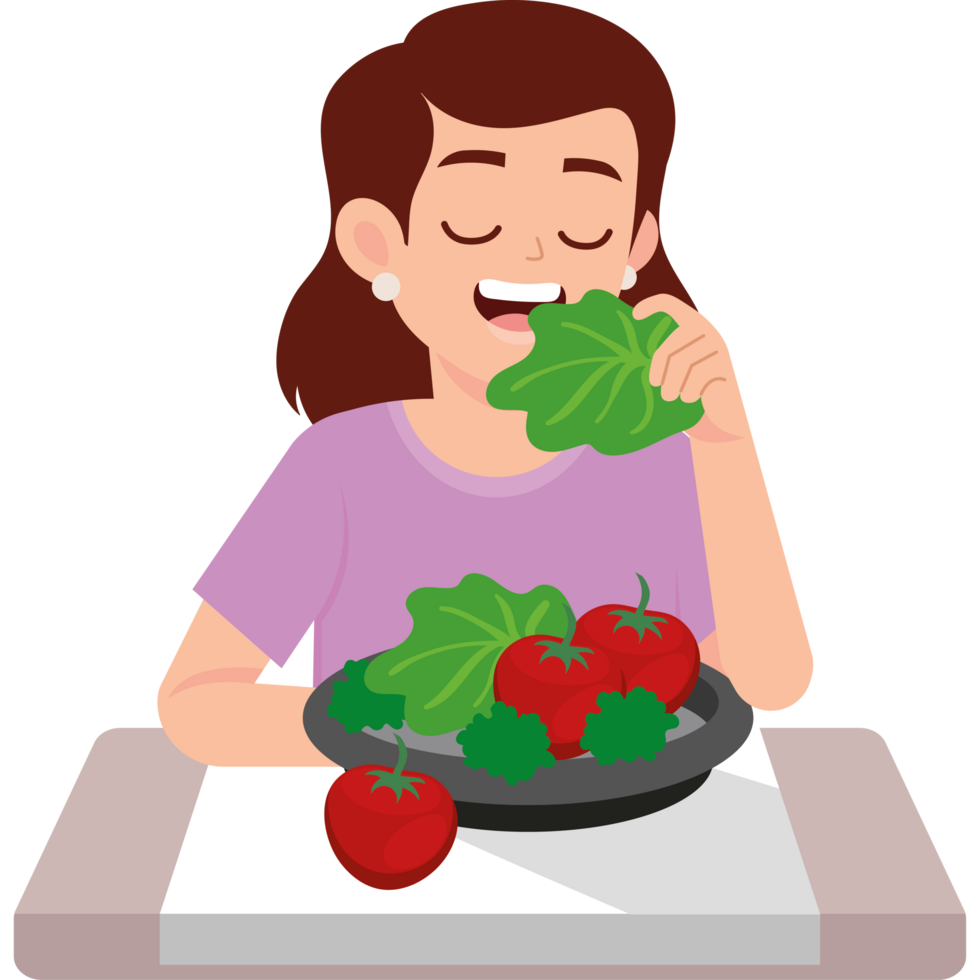 happy woman eating vegan food png